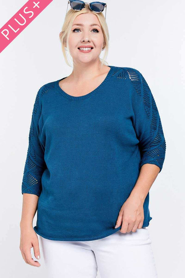 Plus Size Solid Round Neck 3/4 Sleeve Sweater Top - Women's sweater - SmartBuyApparel