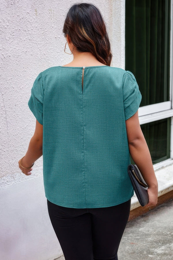 Plus Size Solid Round Neck Fold Short Sleeve Shirt - | SmartBuyApparel