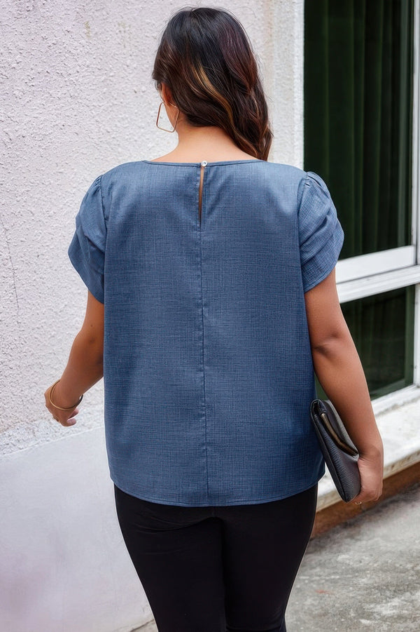 Plus Size Solid Round Neck Fold Short Sleeve Shirt - | SmartBuyApparel