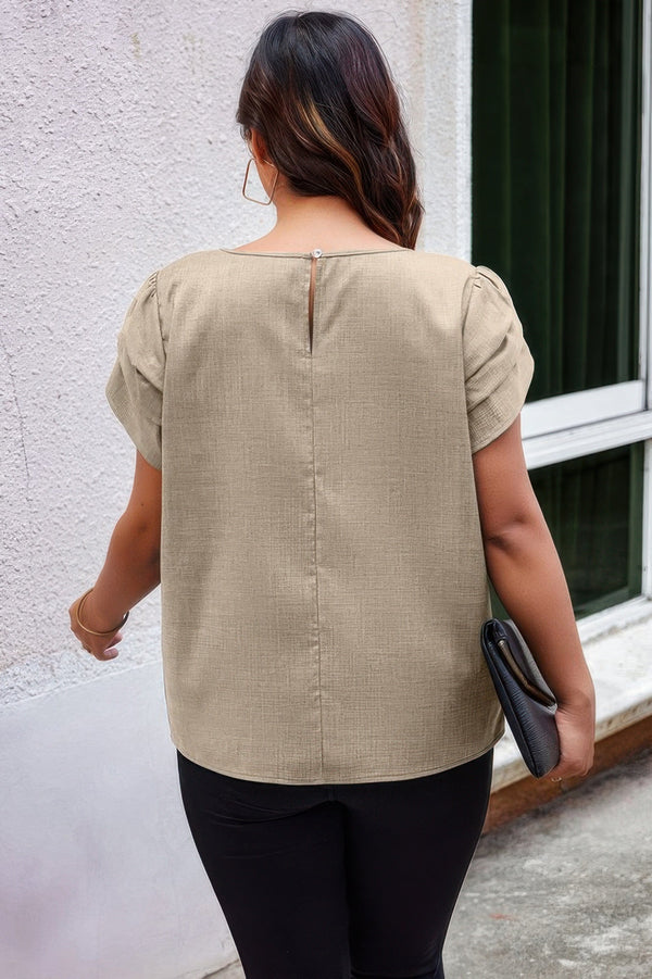 Plus Size Solid Round Neck Fold Short Sleeve Shirt - | SmartBuyApparel