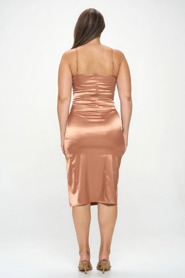 Plus Size Solid Satin Front Knot Bodycon Midi Dress - Dress - SmartBuyApparel