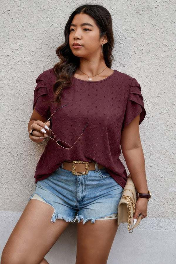 Plus Size Solid Swiss Dots Short Sleeve Blouse - | SmartBuyApparel