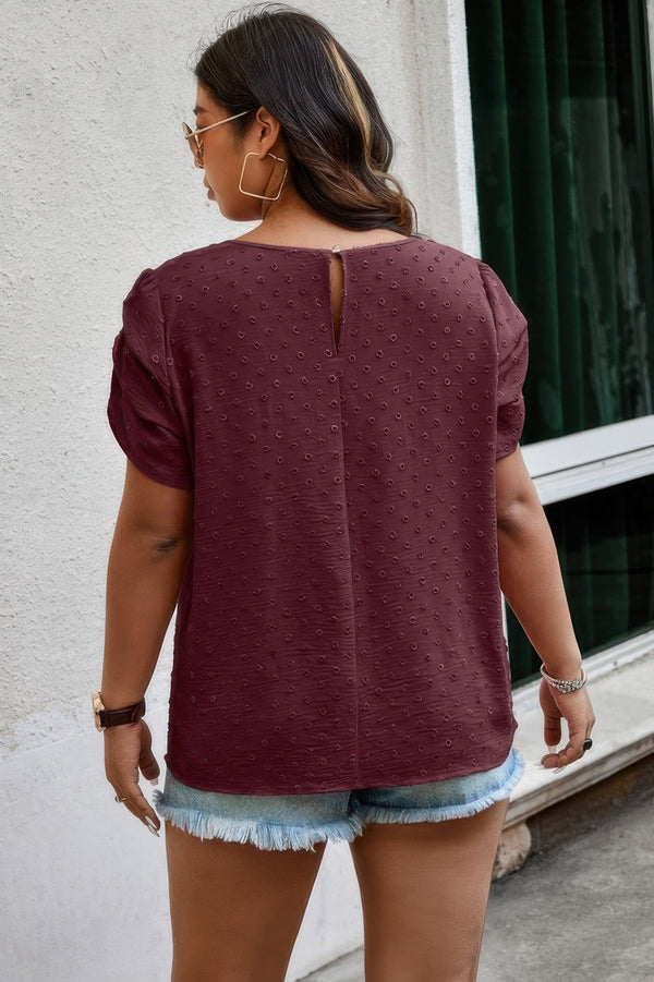 Plus Size Solid Swiss Dots Short Sleeve Blouse - | SmartBuyApparel
