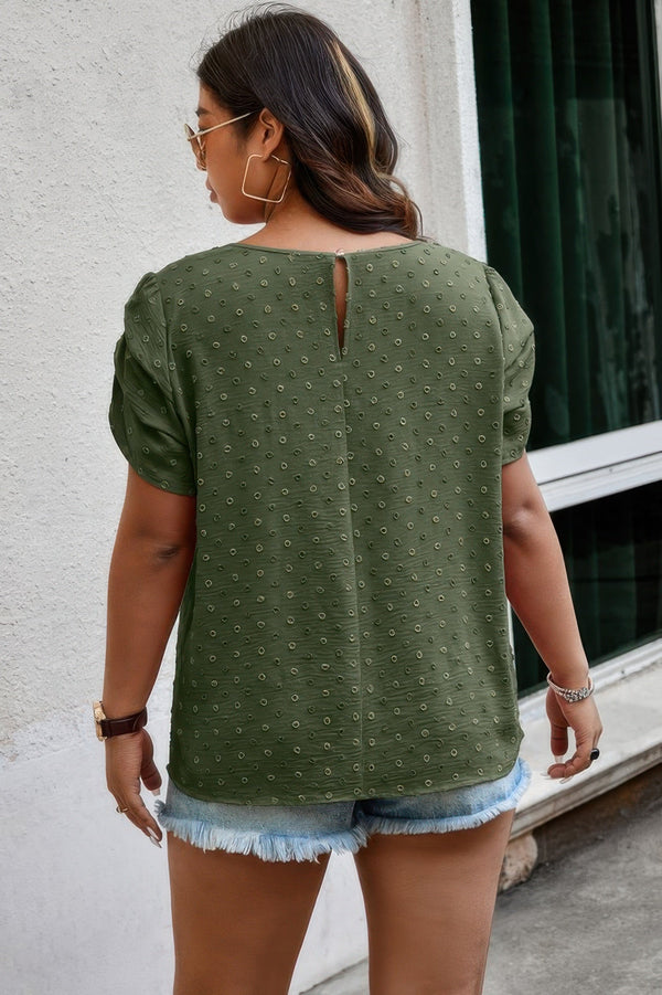 Plus Size Solid Swiss Dots Short Sleeve Blouse - | SmartBuyApparel