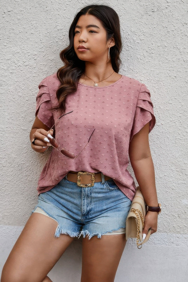 Plus Size Solid Swiss Dots Short Sleeve Blouse - | SmartBuyApparel