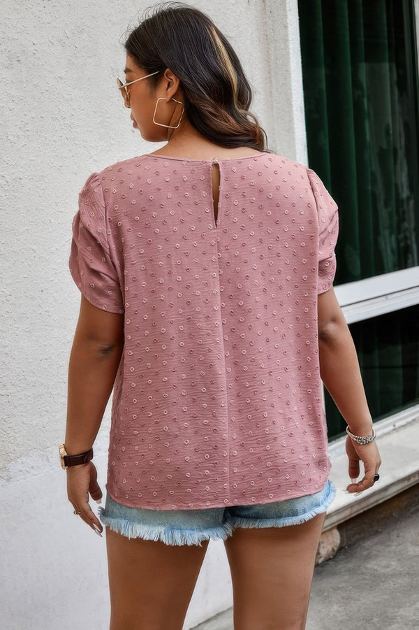 Plus Size Solid Swiss Dots Short Sleeve Blouse - | SmartBuyApparel