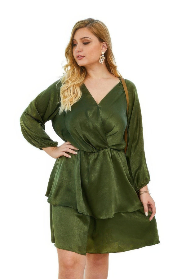 Plus Size Solid V Neck Ruffled Hem Dress - | SmartBuyApparel