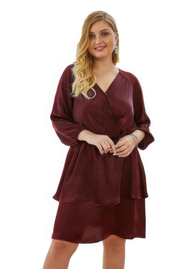 Plus Size Solid V Neck Ruffled Hem Dress - | SmartBuyApparel