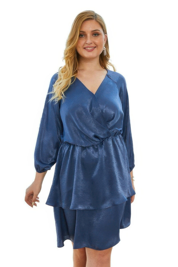 Plus Size Solid V Neck Ruffled Hem Dress - | SmartBuyApparel
