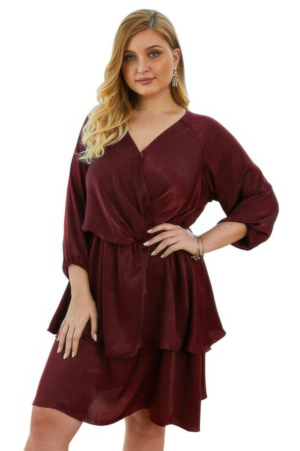 Plus Size Solid V Neck Ruffled Hem Dress - | SmartBuyApparel