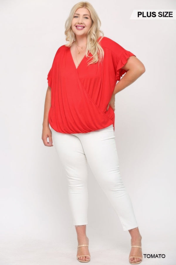Plus - Size Solid Viscose Knit Surplice Top With Ruffle Sleeve - Women's top - SmartBuyApparel
