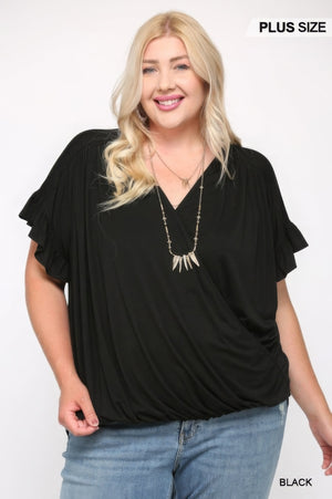 Plus - Size Solid Viscose Knit Surplice Top With Ruffle Sleeve - Women's top - SmartBuyApparel