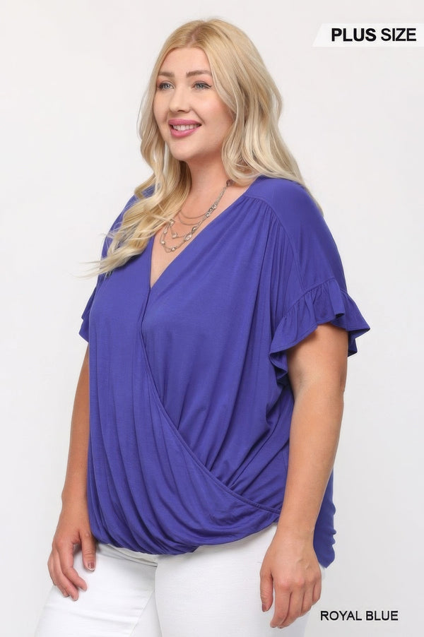Plus - Size Solid Viscose Knit Surplice Top With Ruffle Sleeve - Women's top - SmartBuyApparel