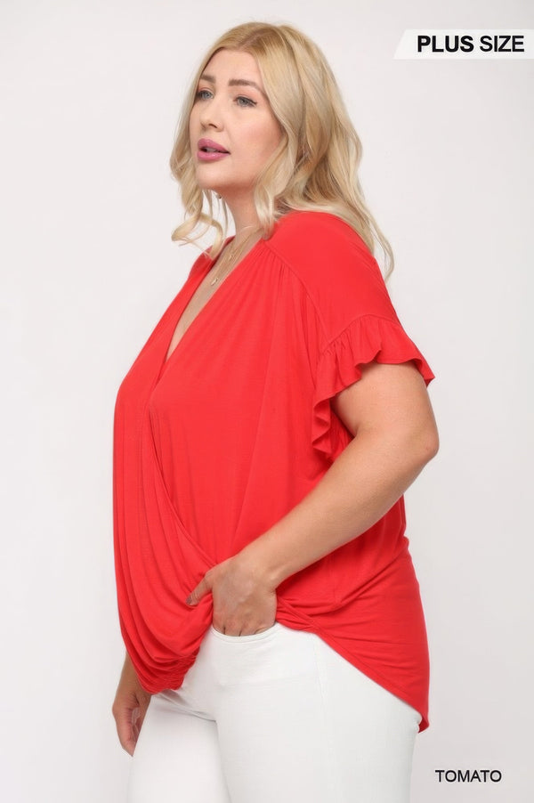 Plus - Size Solid Viscose Knit Surplice Top With Ruffle Sleeve - Women's top - SmartBuyApparel