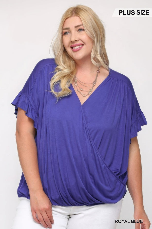 Plus - Size Solid Viscose Knit Surplice Top With Ruffle Sleeve - Women's top - SmartBuyApparel
