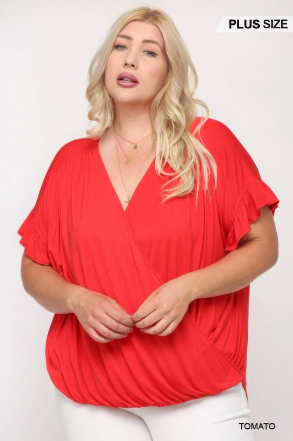 Plus - Size Solid Viscose Knit Surplice Top With Ruffle Sleeve - Women's top - SmartBuyApparel