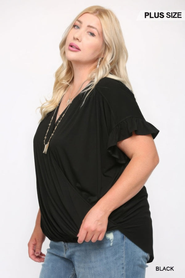 Plus - Size Solid Viscose Knit Surplice Top With Ruffle Sleeve - Women's top - SmartBuyApparel