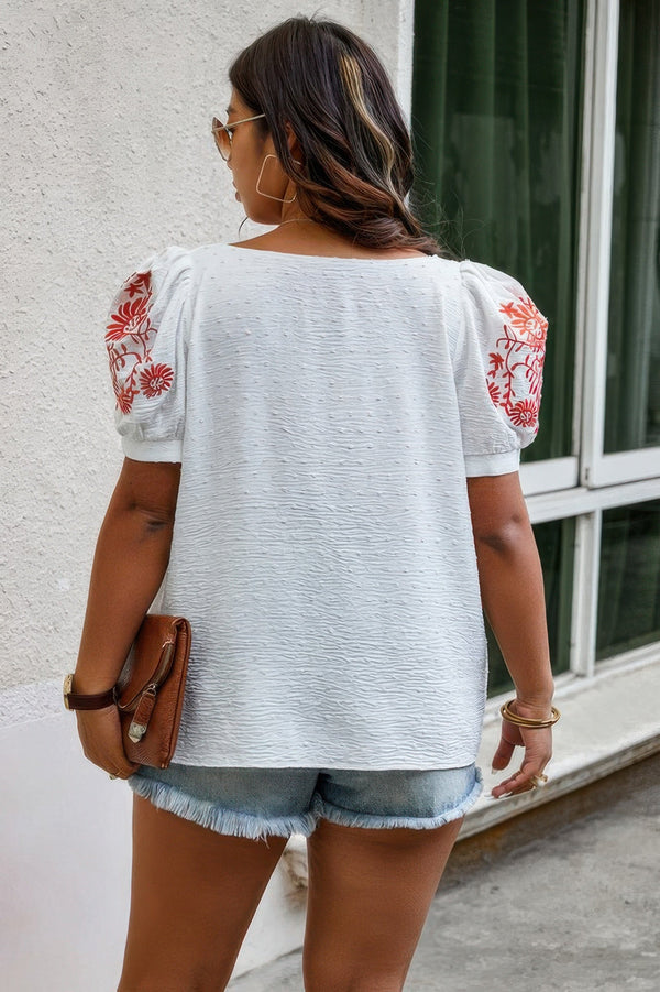 Plus Size Square Neck Floral Puff Sleeve Shirt - | SmartBuyApparel