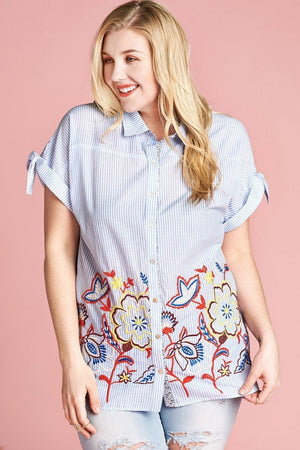 Plus Size Striped Buttoned Down Embroidered Collared Blouse - Women's Blouse - SmartBuyApparel