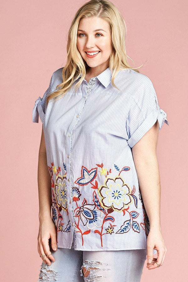 Plus Size Striped Buttoned Down Embroidered Collared Blouse - Women's Blouse - SmartBuyApparel