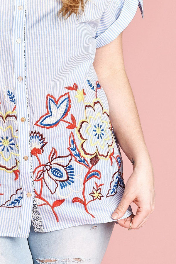 Plus Size Striped Buttoned Down Embroidered Collared Blouse - Women's Blouse - SmartBuyApparel