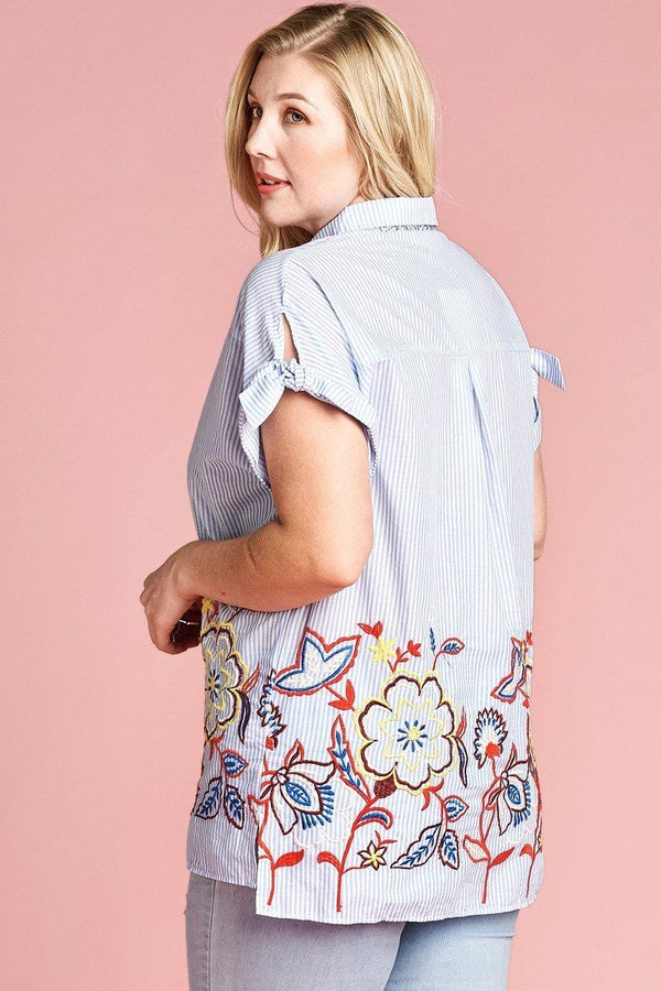 Plus Size Striped Buttoned Down Embroidered Collared Blouse - Women's Blouse - SmartBuyApparel