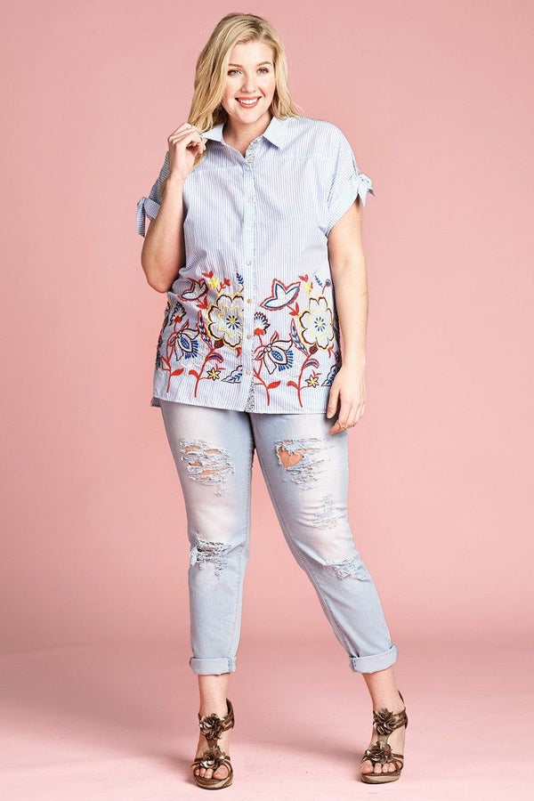 Plus Size Striped Buttoned Down Embroidered Collared Blouse - Women's Blouse - SmartBuyApparel