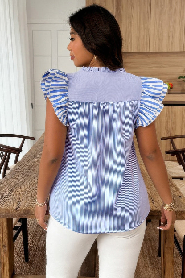 Plus Size Striped V Neck Flutter Sleeve Blouse - | SmartBuyApparel