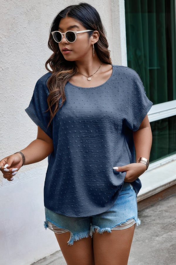 Plus Size Swiss Dot Solid Round Neck Loose Shirt - | SmartBuyApparel