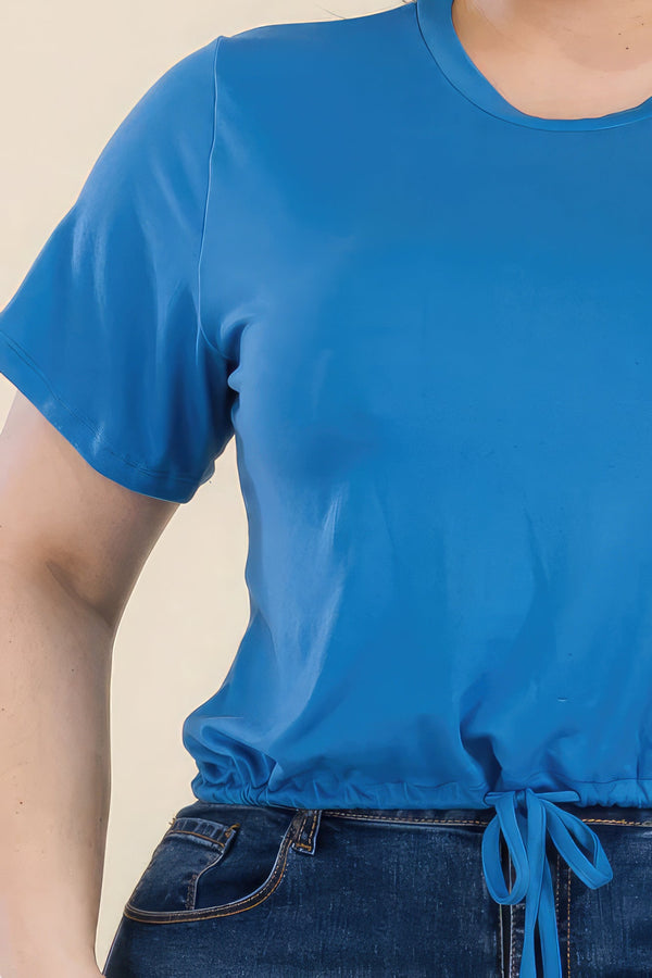 Plus Size Tie Front Drawstring Short Sleeve Crop Top - women's shirt - SmartBuyApparel