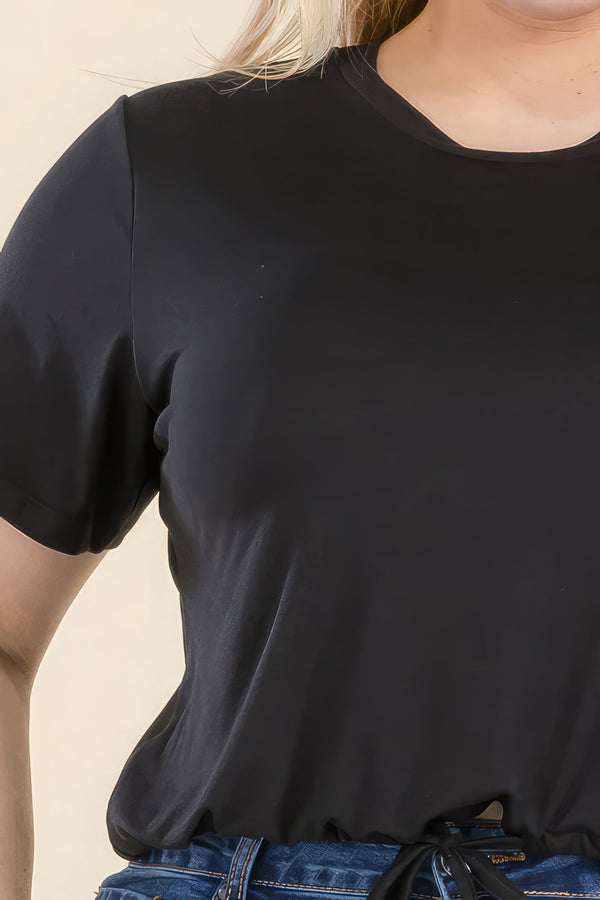 Plus Size Tie Front Drawstring Short Sleeve Crop Top - women's shirt - SmartBuyApparel