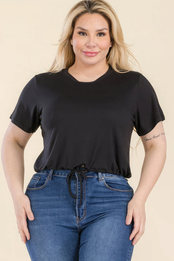 Plus Size Tie Front Drawstring Short Sleeve Crop Top - women's shirt - SmartBuyApparel