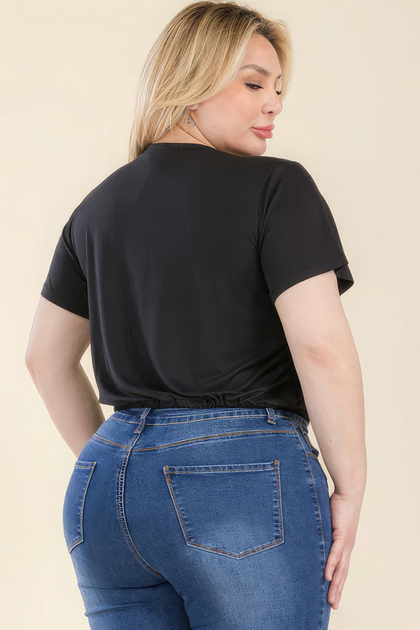 Plus Size Tie Front Drawstring Short Sleeve Crop Top - women's shirt - SmartBuyApparel