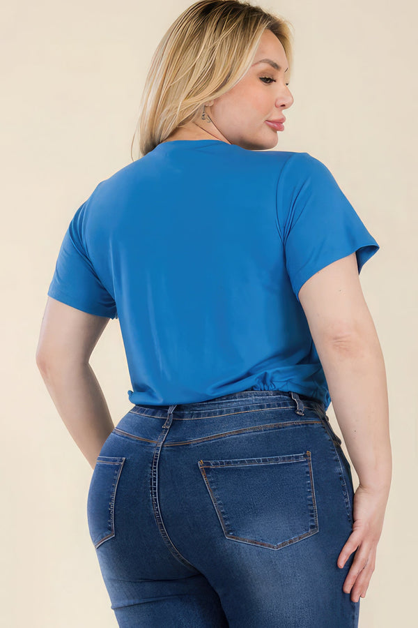 Plus Size Tie Front Drawstring Short Sleeve Crop Top - women's shirt - SmartBuyApparel