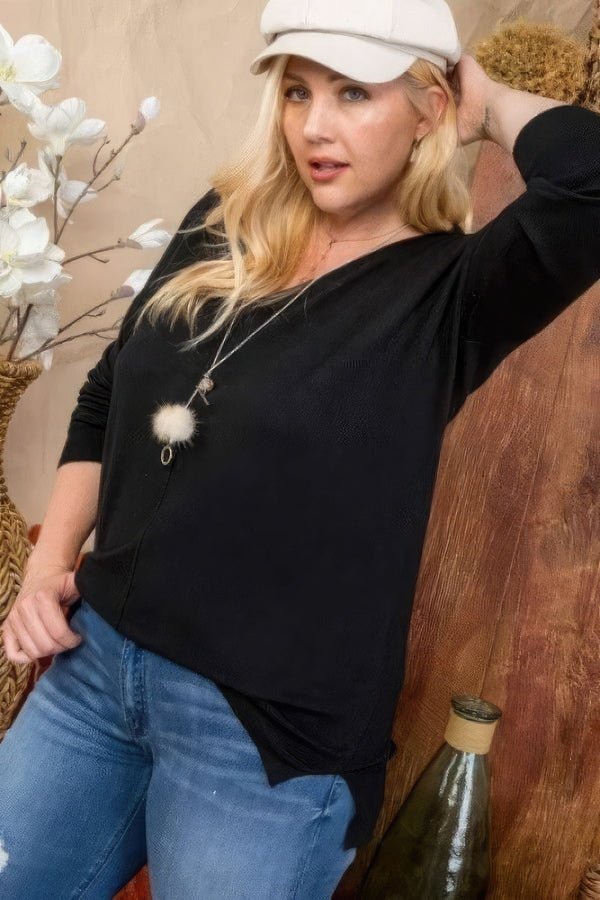 Plus Size V - Neck 3/4 Sleeve Side Slit Hi - Lo Sweater - Women's sweater - SmartBuyApparel