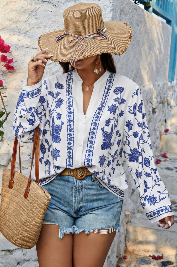 Plus Size V Neck Button Floral Print Loose Blouse - | SmartBuyApparel