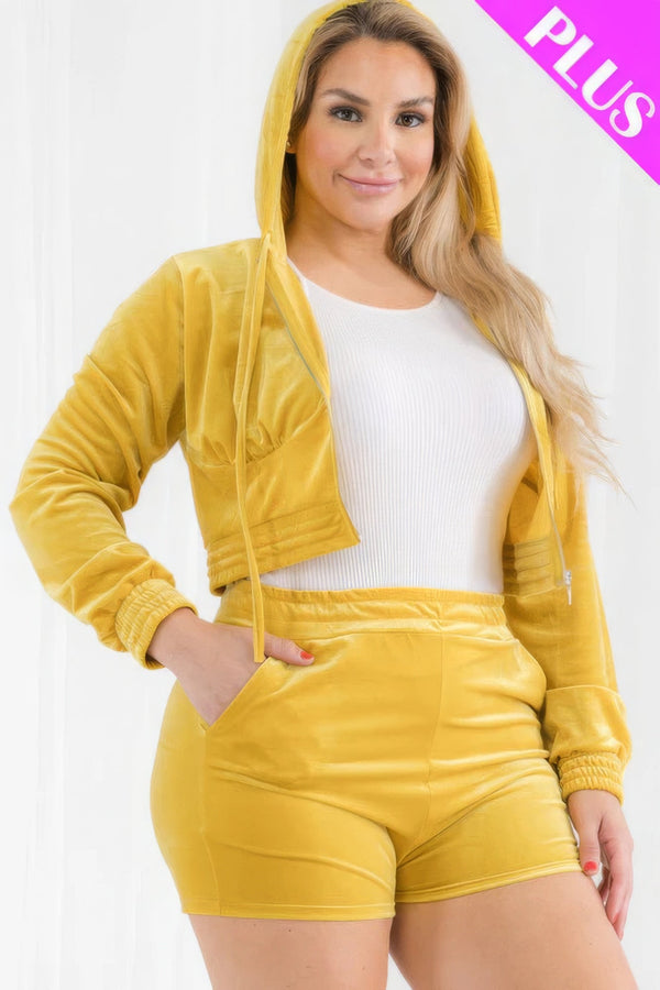 Plus Size Velour Crop Zip Up Hoodie And Shorts Set - Activeware - SmartBuyApparel