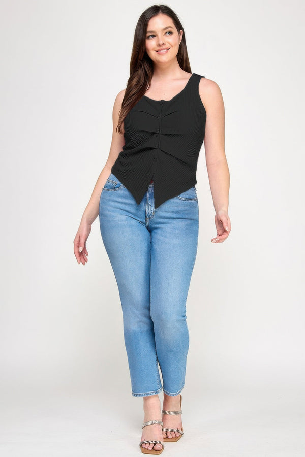 Plus Sleeveless Crinkle Knit Faux Button Down Top - | SmartBuyApparel