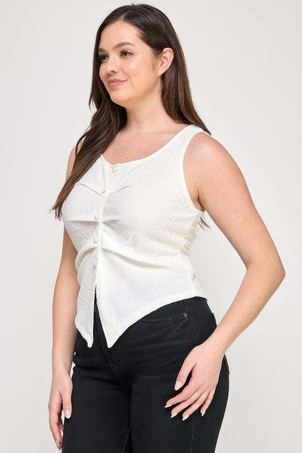 Plus Sleeveless Crinkle Knit Faux Button Down Top - | SmartBuyApparel