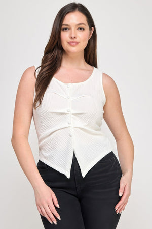Plus Sleeveless Crinkle Knit Faux Button Down Top - | SmartBuyApparel