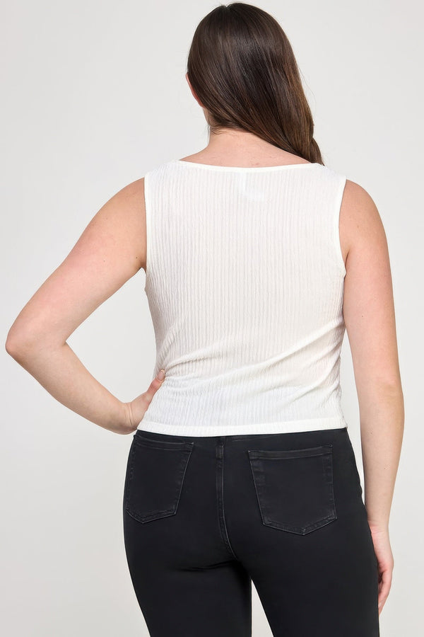 Plus Sleeveless Crinkle Knit Faux Button Down Top - | SmartBuyApparel