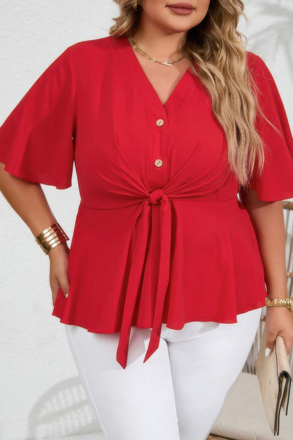 Plus Solid Butterfly Sleeve Knot Front Peplum Shirt - | SmartBuyApparel