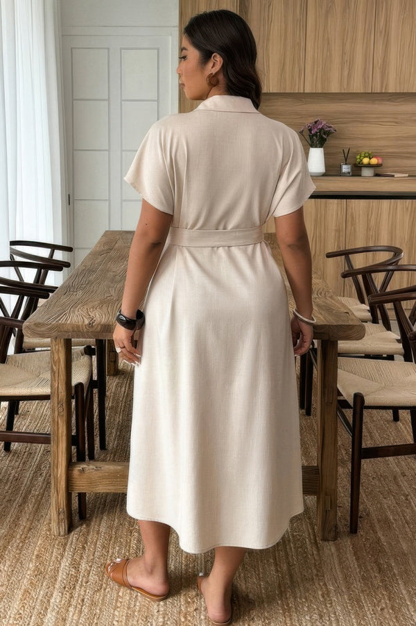 Plus Solid Button Down Straight Belted Shirt Dress - | SmartBuyApparel