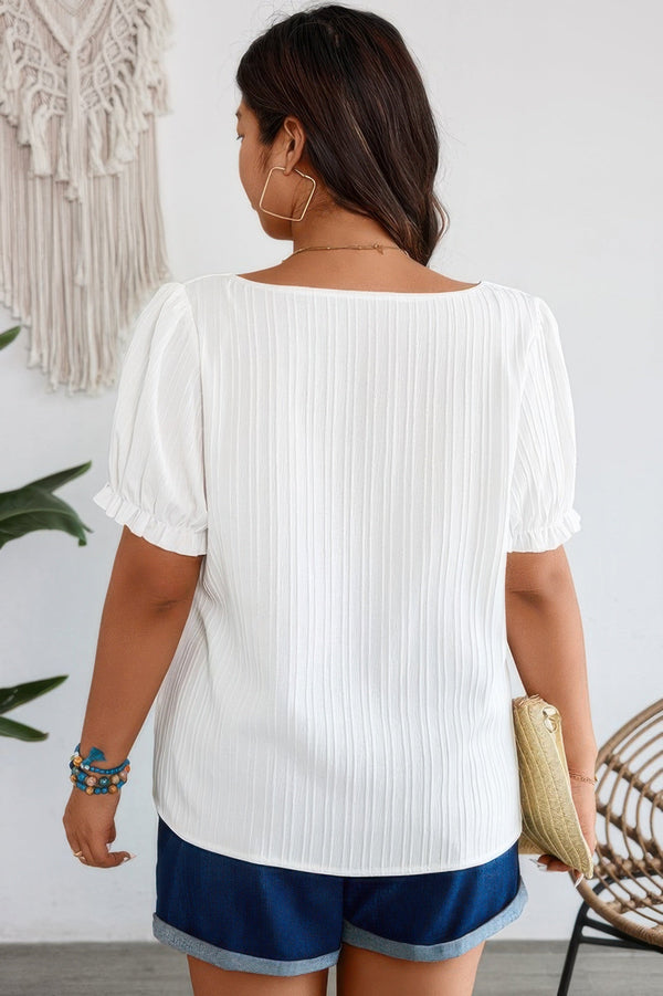 Plus Square Neck Floral Print Pleasted Puff Blouse - | SmartBuyApparel