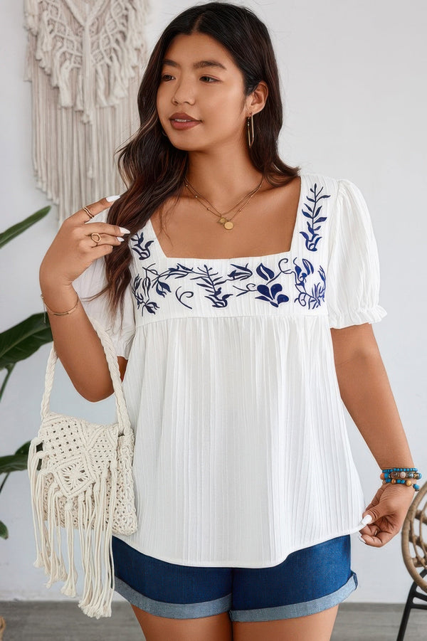 Plus Square Neck Floral Print Pleasted Puff Blouse - | SmartBuyApparel