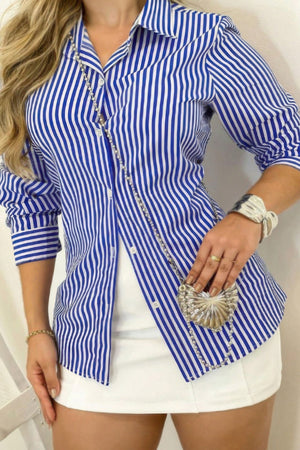 Plus Strip Button Up Fit Front Open Blouse - | SmartBuyApparel