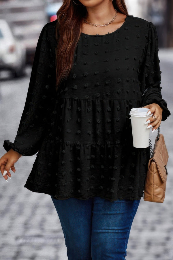 Plus Swiss Dot Round Neck Ruffle Hem Blouse - | SmartBuyApparel