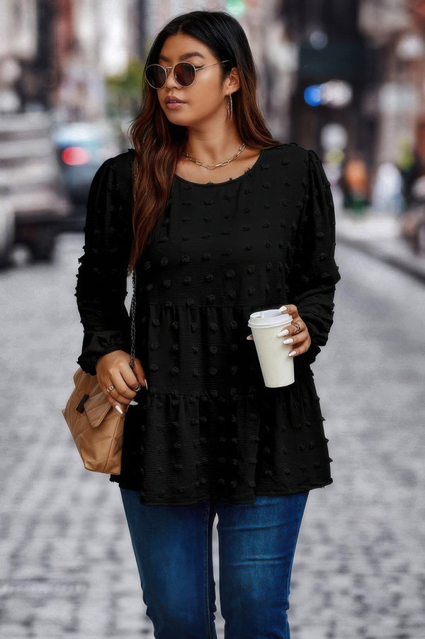 Plus Swiss Dot Round Neck Ruffle Hem Blouse - | SmartBuyApparel