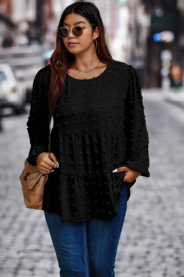 Plus Swiss Dot Round Neck Ruffle Hem Blouse - | SmartBuyApparel
