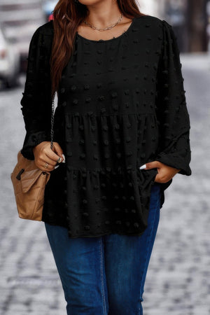 Plus Swiss Dot Round Neck Ruffle Hem Blouse - | SmartBuyApparel